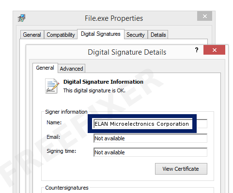 Screenshot of the ELAN Microelectronics Corporation certificate